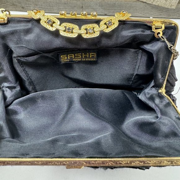 Elegant Black Fabric & Rhinestone Evening Purse w/ Chain - Picture 7 of 8